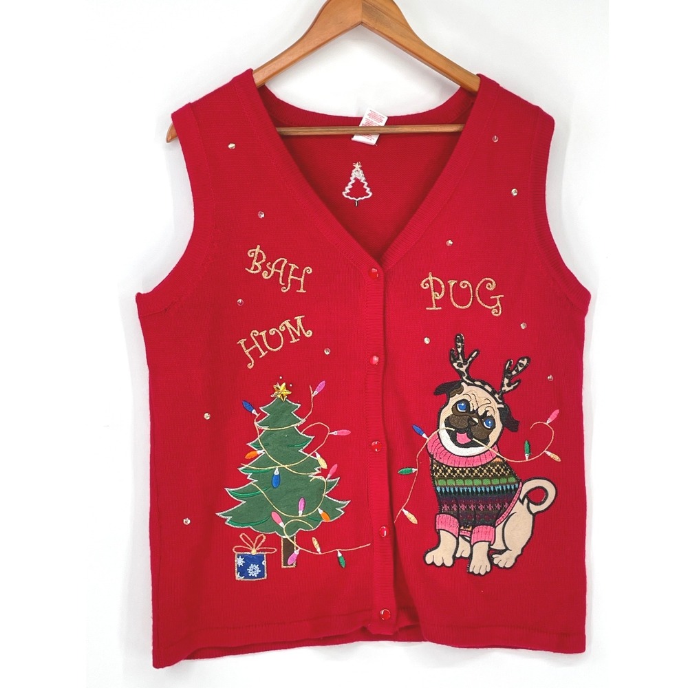 Holiday Time Womens Sweater Vest L Red Bah Hum Pug Ugly Christmas Tree